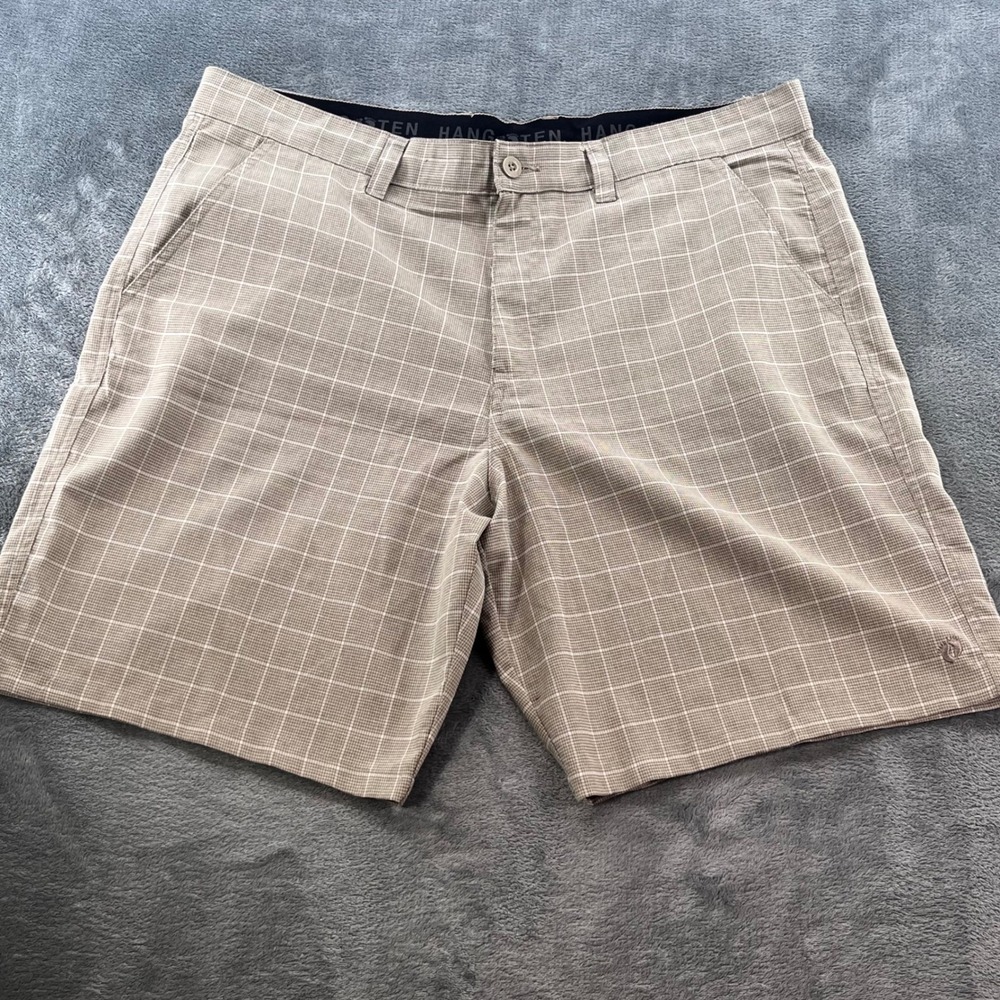 Hang Ten Mens Brown White Grid Plaid Hybrid Walk Shorts Flat Front Size 42
